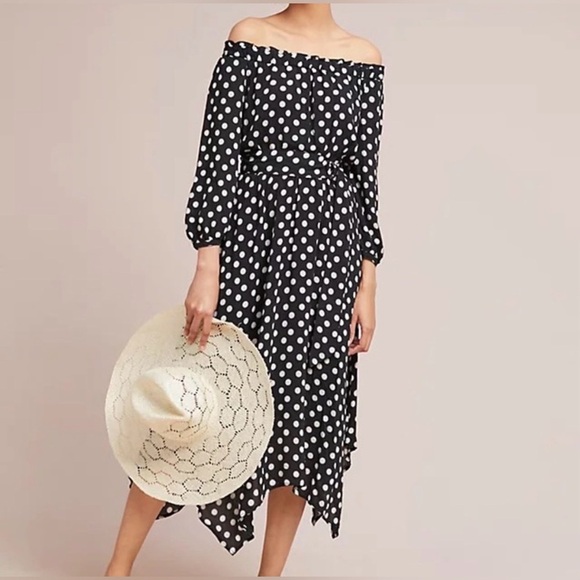 Anthropologie Maeve Black and White Dotted of the Shoulder Dress, Size 4 - Picture 2 of 14